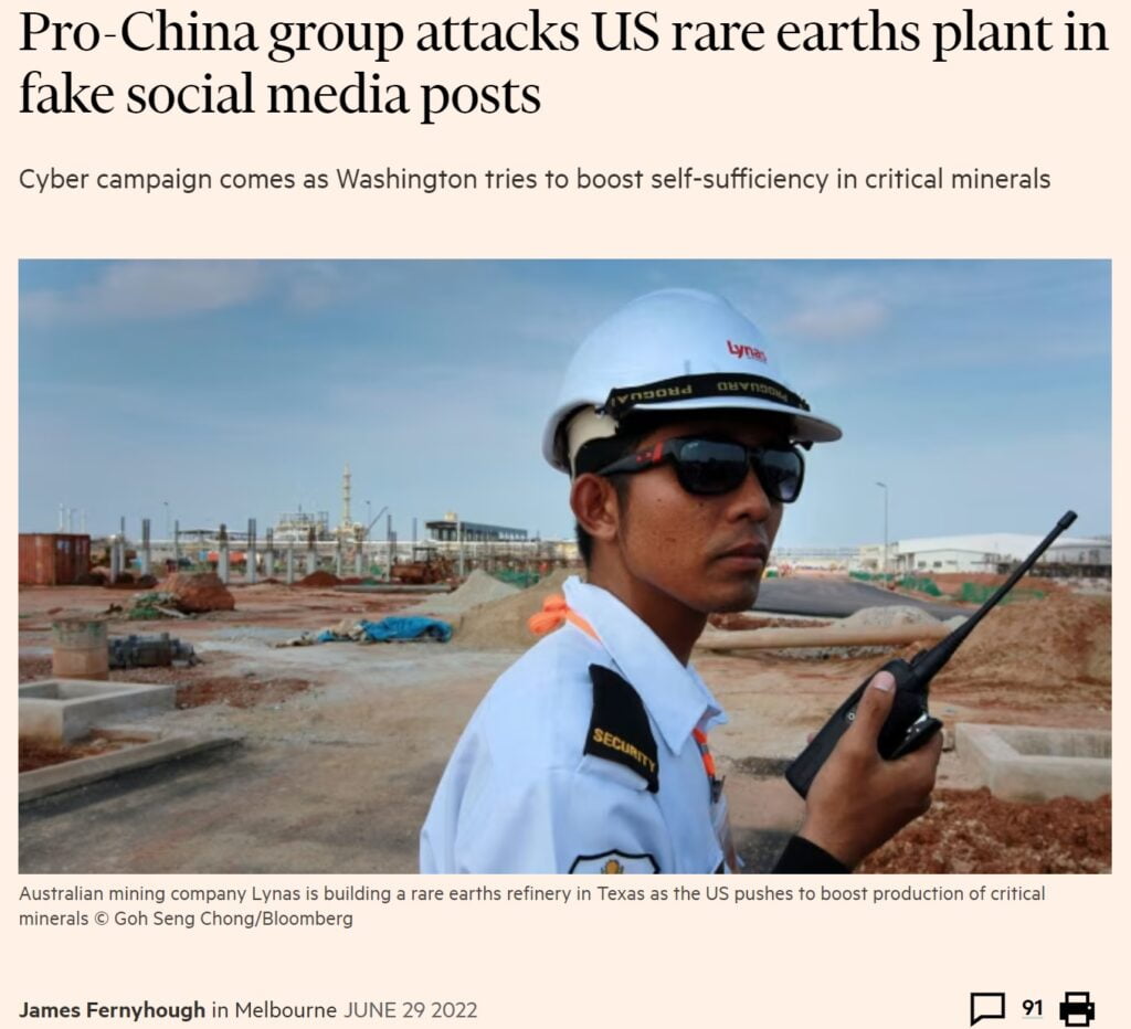 Fejki, propaganda chińska, rywalizacja USA-Chiny, wojna informacyjna, rafinacja metali ziem rzadkich, separacja metali zim rzadkich, surowce krytyczne.