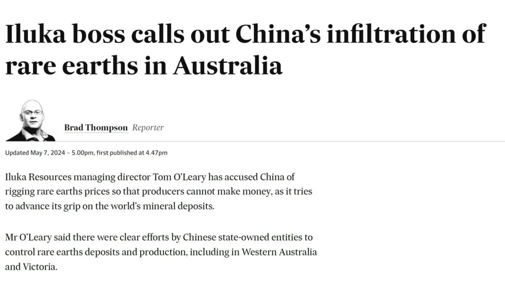 Iluka Resources, producent pierwiastków ziem rzadkich, Australia, surowce, wywiad, Chiny szpiegują, Chiny sabotują, wojna hybrydowa.
