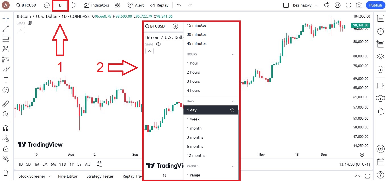 obrazek przedstawiający jak wybrać interwał czasowy na tradingview