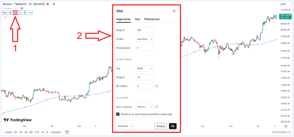 obrazek pokazujący jak ustawić średnie kroczące na tradingview